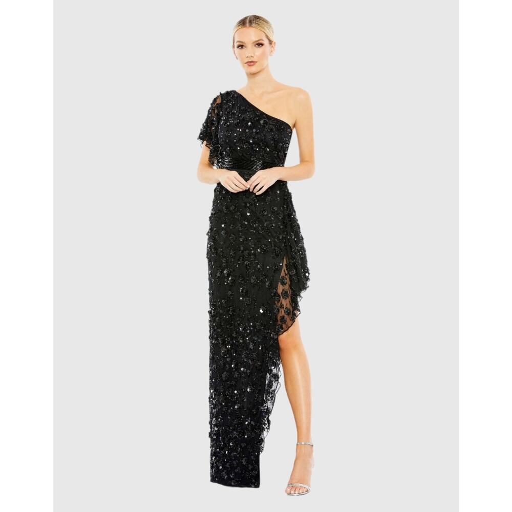 Mac Duggal 93687 Black One Shoulder Beaded Embellished Gown Asymmetric Size 6